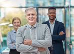Leadership, team and portrait of business people with arms crossed, pride and unity at a company.  Expert, solidarity and manager with employees, confidence and support at a corporate agency