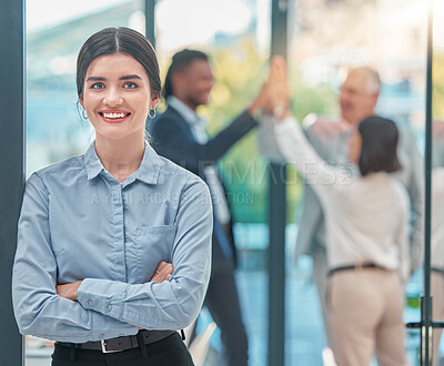 Buy stock photo Portrait, businesswoman and celebrating success, good news or partnership with high five in office. Face, leader and group in team building, training or celebration for mission or collaboration