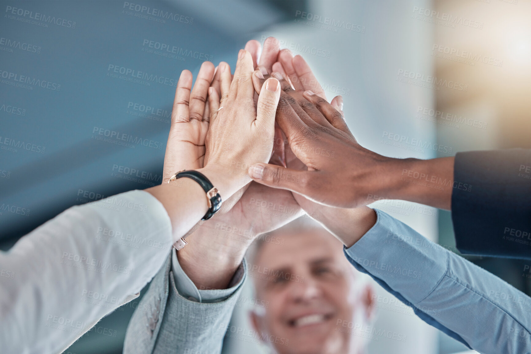 Buy stock photo Business people, hands and high five in unity, partnership or collaboration for teamwork, agreement or trust at office. Group of employee workers touching hand together for team support or success
