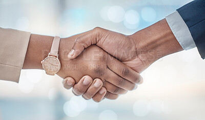 Buy stock photo Business people, handshake and partnership for b2b, meeting or agreement at office. Employee shaking hands with colleague for greeting, deal or welcome in trust, solidarity or promotion at workplace