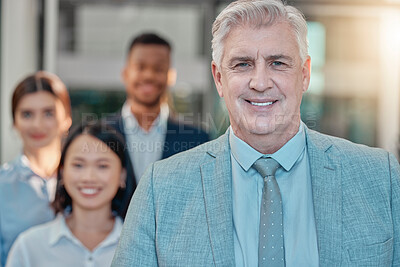 Buy stock photo Portrait, leader and senior businessman with team in office for collaboration, teamwork and startup goal. Face, diversity and elderly guy boss leading team in partnership, company and happy workforce