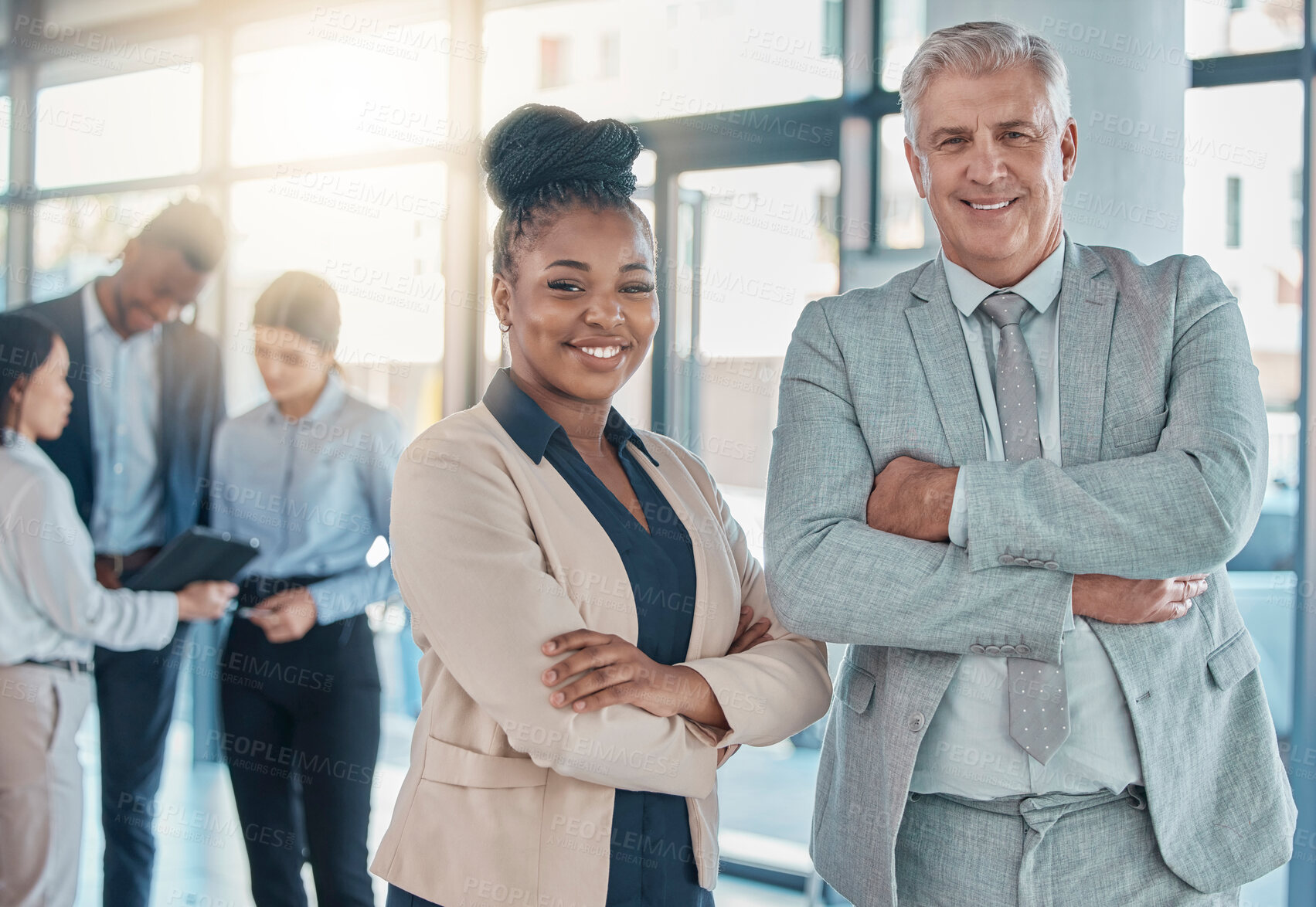 Buy stock photo Business people, portrait smile and leadership with arms crossed for meeting, collaboration or teamwork at office. Happy corporate executive leaders smiling in company or team management at workplace