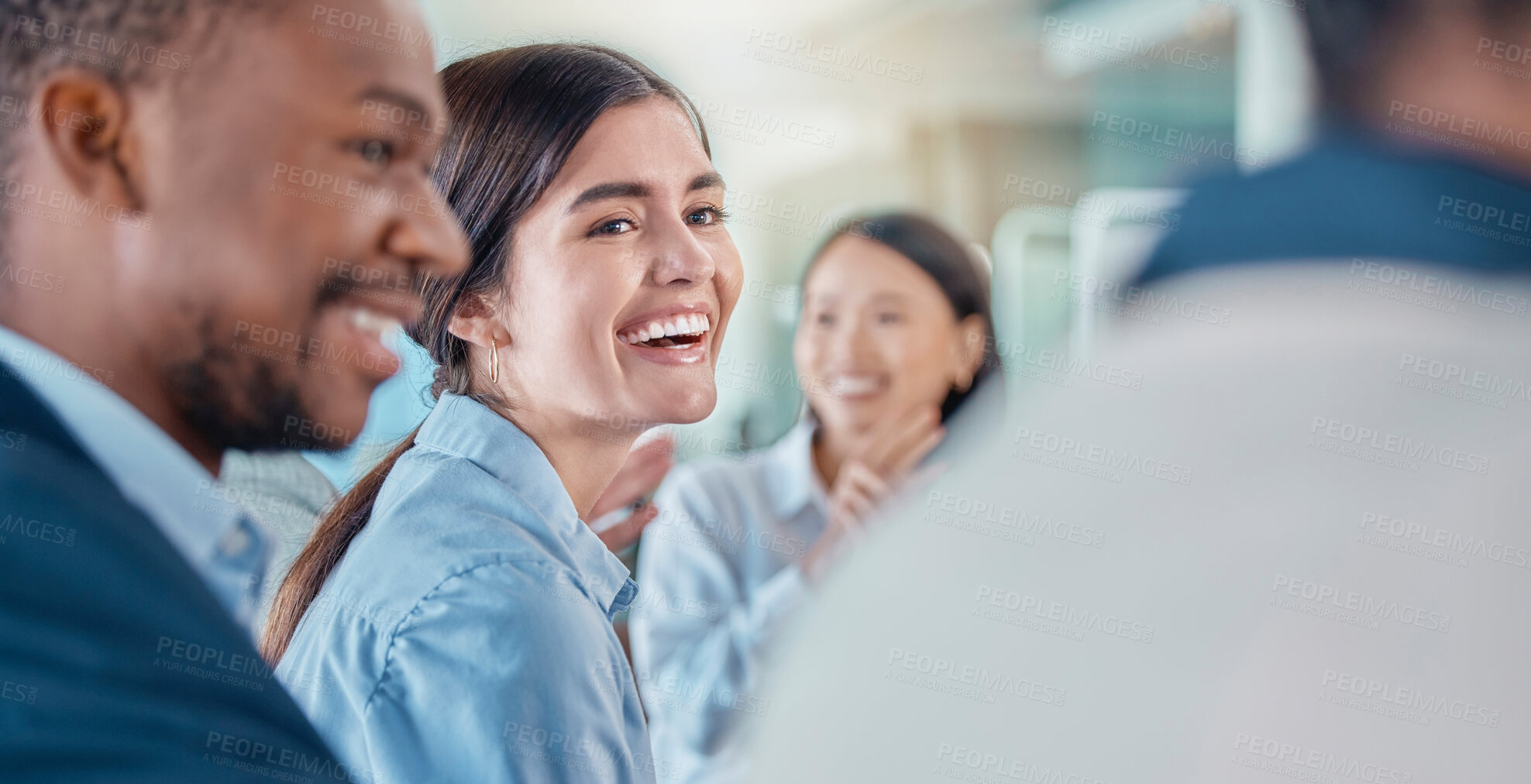 Buy stock photo Smile, meeting and workshop with a business woman laughing in the boardroom during a training seminar. Happy, collaboration or conference and a female employee in the office with a colleague group