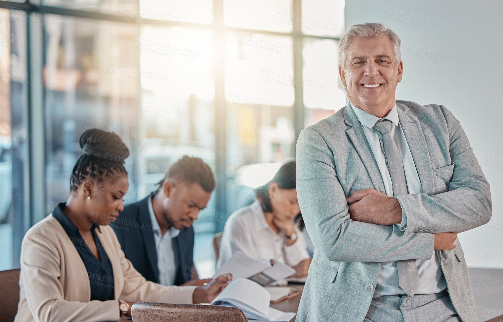 Buy stock photo Senior businessman, portrait and arms crossed for meeting leadership or management at the office. Happy elderly male CEO leader or manager smiling for teamwork collaboration or strategy at workplace