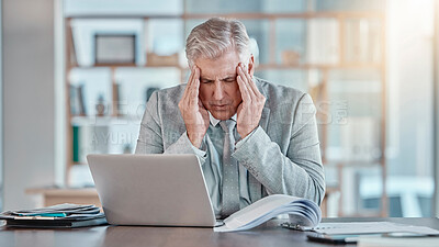 Buy stock photo Stress, burnout and senior businessman with a headache, business problem and crisis on a laptop. Mental health, tired and mature employee with a migraine, bad news and pain from a work deadline