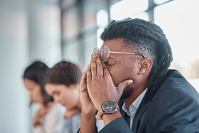Buy stock photo Tired, headache and business man in meeting fatigue, burnout and low energy with focus, thinking and job problem. Insomnia, depression and mental health risk of employee, worker or person in office
