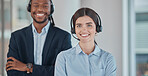 Business people, call center and portrait smile for contact us, telemarketing or customer service and support at office. Happy woman and man consultant standing and smiling for team help or advice