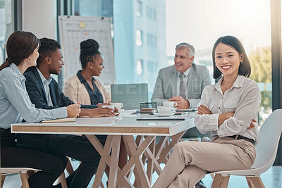 Buy stock photo Asian woman, portrait and arms crossed for leadership in meeting, management or planning at the office. Happy female leader or manager with smile sitting at conference table for team project plan