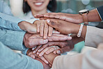 Business people, diversity and hands together in trust, partnership or collaboration at office. Group of diverse employee workers piling hand in teamwork, agreement or support success at workplace