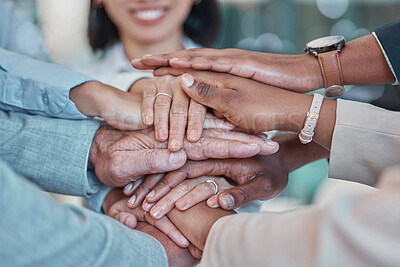 Buy stock photo Business people, diversity and hands together in trust, partnership or team collaboration at office. Group of diverse employee workers piling hand in teamwork, agreement or support success for goal