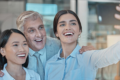 Buy stock photo Selfie, happy and friends with a business team posing for a picture together in the office at work. Photograph, social media or smile with a man and woman employee group taking a seld portrait