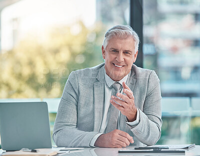 Buy stock photo Senior business man, portrait and smile in office at corporate company for testimonial and motivation. Face of executive person at desk to talk about development, finance and mission as a leader