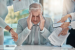 Chaos, stress and senior businessman with headache from multitasking, workload and team pressure in office. Crisis, fail and corporate manager with anxiety, mistake and compliance, documents or audit