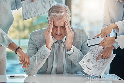 Buy stock photo Chaos, stress and senior businessman with headache from multitasking, workload and team pressure in office. Crisis, fail and corporate manager with anxiety, mistake and compliance, documents or audit