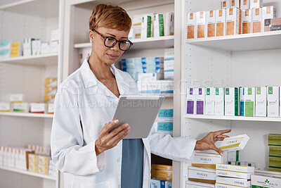 Tablet, pharmacy woman and medicine shelf to check inventory and product information search. Pharmacist person Pharma app in clinic or shop for pharmaceutical, medical and health care consultation