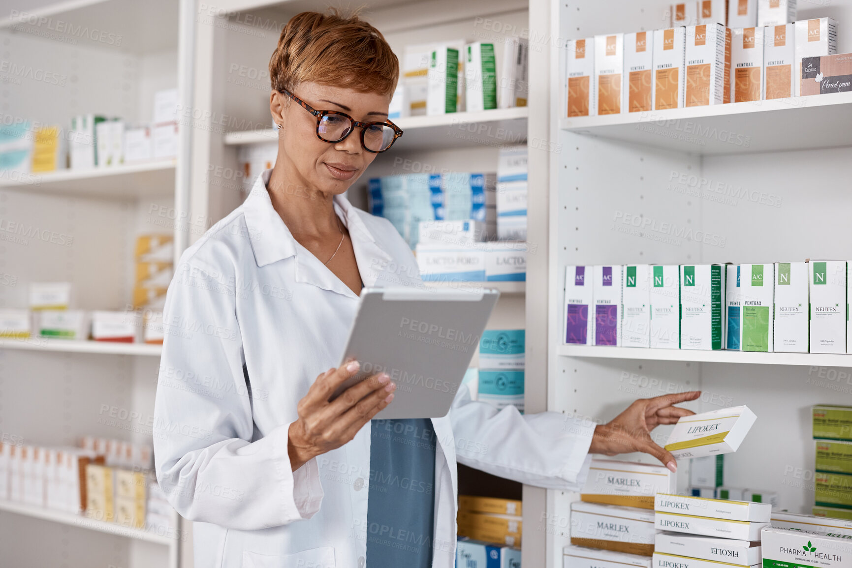 Buy stock photo Tablet, pharmacy woman and medicine shelf to check inventory and product information search. Pharmacist person Pharma app in clinic or shop for pharmaceutical, medical and health care consultation