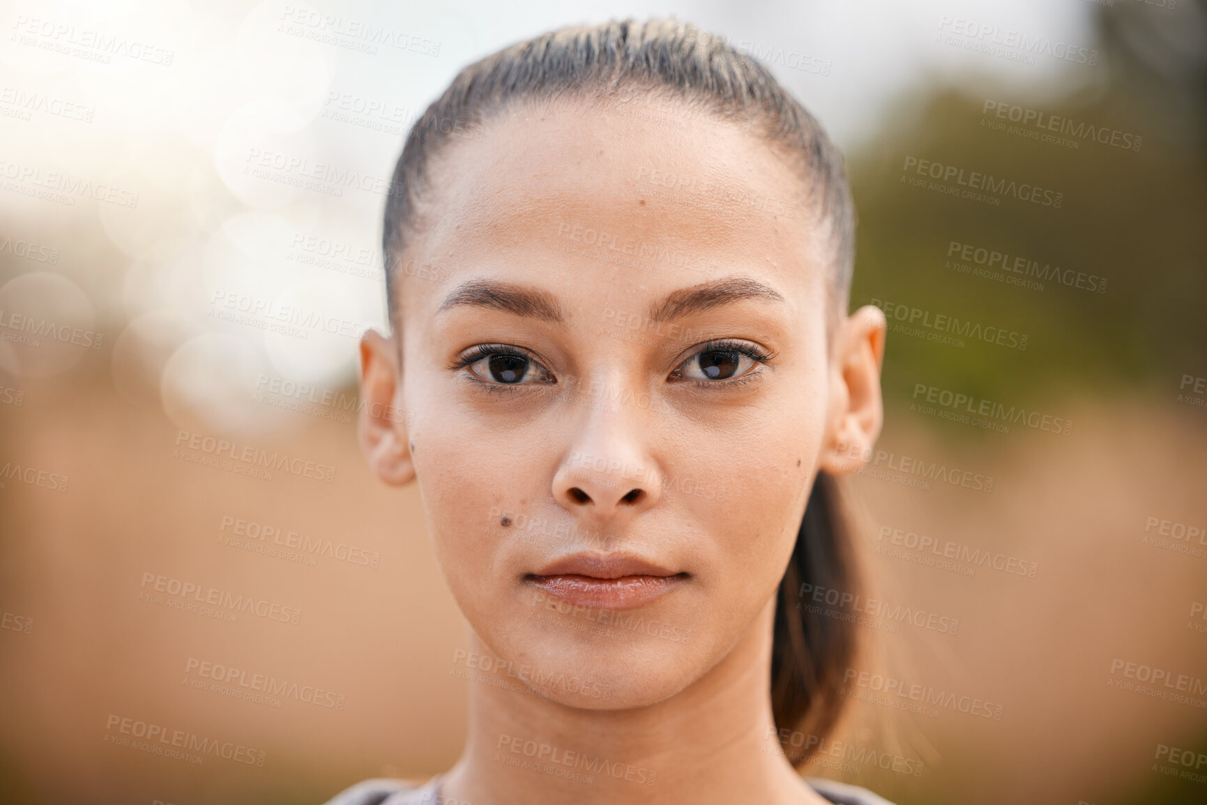 Buy stock photo Sport, nature and portrait of woman with serious face on weekend, holiday and vacation in park. Mindset, wellness and face of girl with motivation, calm and focus for fitness, exercise or workout