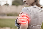 Hands, arm pain and injury in nature after accident, workout or training outdoors. Sports, health and athlete or woman with fibromyalgia, inflammation or painful muscles arthritis and tendinitis.