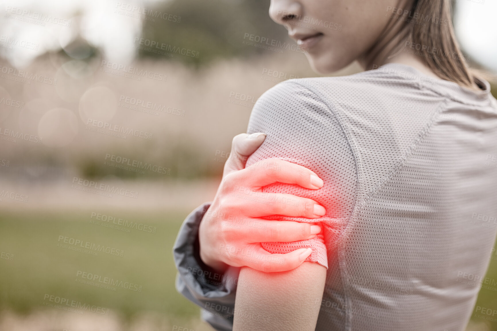 Buy stock photo Hands, arm pain and injury in nature after accident, workout or training outdoors. Sports, health and athlete or woman with fibromyalgia, inflammation or painful muscles arthritis and tendinitis.