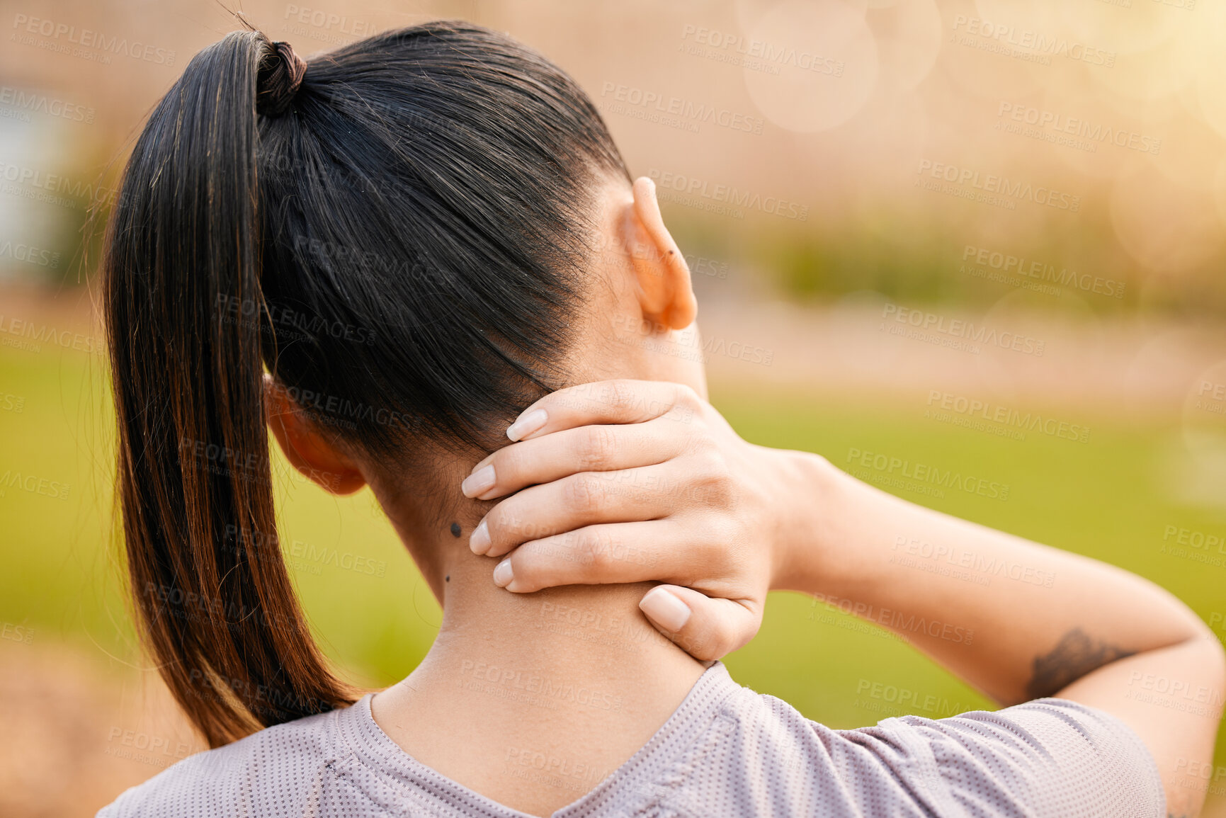 Buy stock photo Neck pain, hands and back injury in nature after accident, running or workout outdoors. Sports, health and woman athlete with fibromyalgia, inflammation or tendinitis, arthritis or painful muscles.
