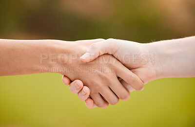 Buy stock photo Support, handshake and teamwork, sports or collaboration for team building, solidarity or unity. People shaking hands, workout partnership or welcome, thank you or greeting for exercise goal outdoors