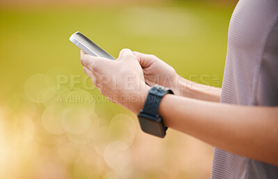 Buy stock photo Hands, fitness and typing on phone in nature after exercise, workout or training. Sports, 5g technology and woman athlete with mobile smartphone for internet browsing, social media or web scrolling.