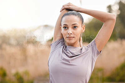 Buy stock photo Sports, fitness and woman stretching arms in nature to get ready for workout, training or exercise. Thinking, health or young female athlete stretch and warm up to start exercising, cardio or running