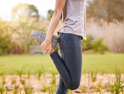 Buy stock photo Fitness, hands and stretching legs in nature for health, wellness and flexibility. Sports, training and woman athlete stretch, warm up and prepare to start workout, running or exercise jog outdoors.