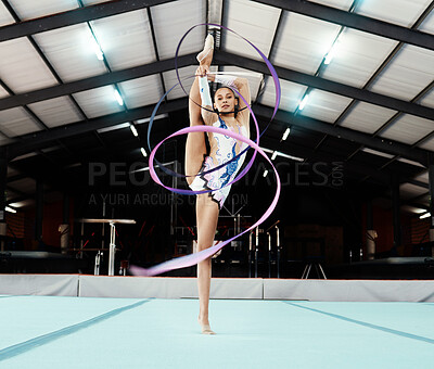 Buy stock photo Portrait, ribbon and dance with a gymnastics woman in a studio for olympics training, exercise or dancing. Fitness, art and gymnast with a female dancer in a gymnasium for rhythmic practice