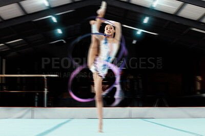 Buy stock photo Portrait, ribbon and motion blur with a black woman gymnast in a studio for olympics dance training or exercise. Fitness, art and gymnastics with a female dancer in a gymnasium for rhythmic practice