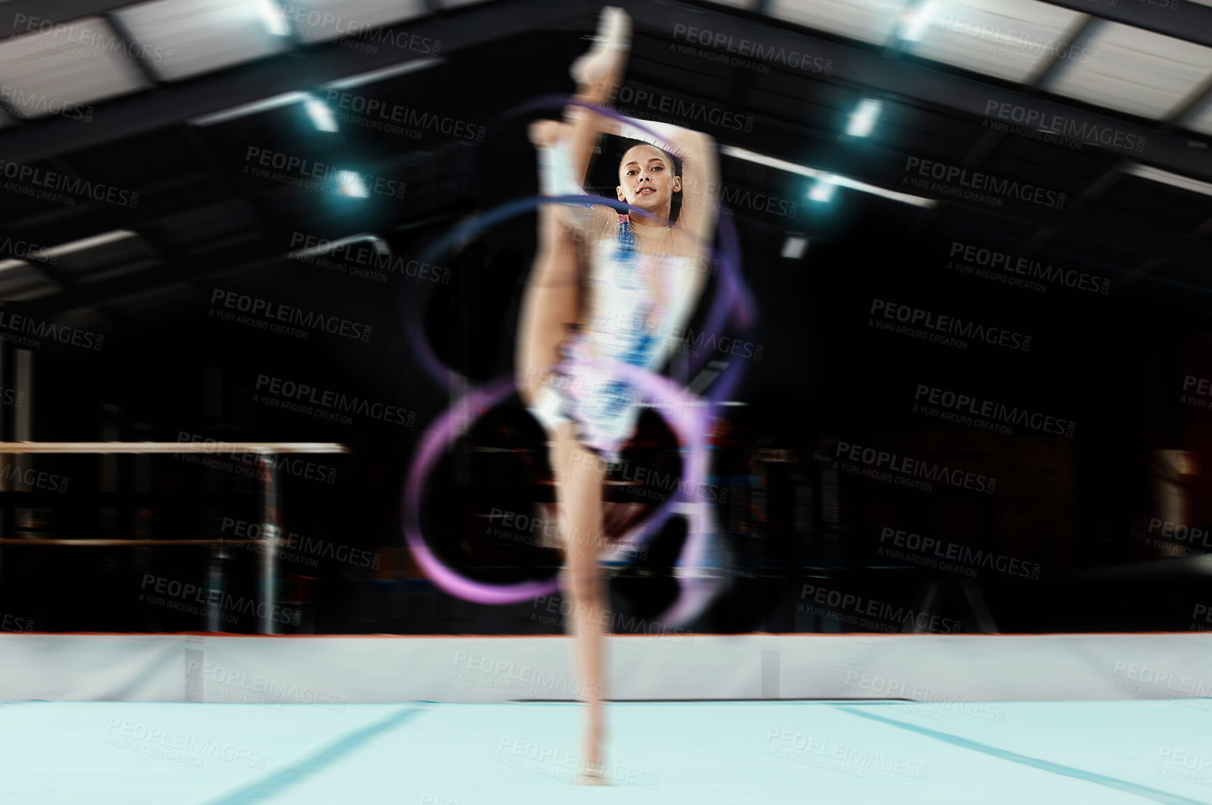 Buy stock photo Portrait, ribbon and motion blur with a black woman gymnast in a studio for olympics dance training or exercise. Fitness, art and gymnastics with a female dancer in a gymnasium for rhythmic practice