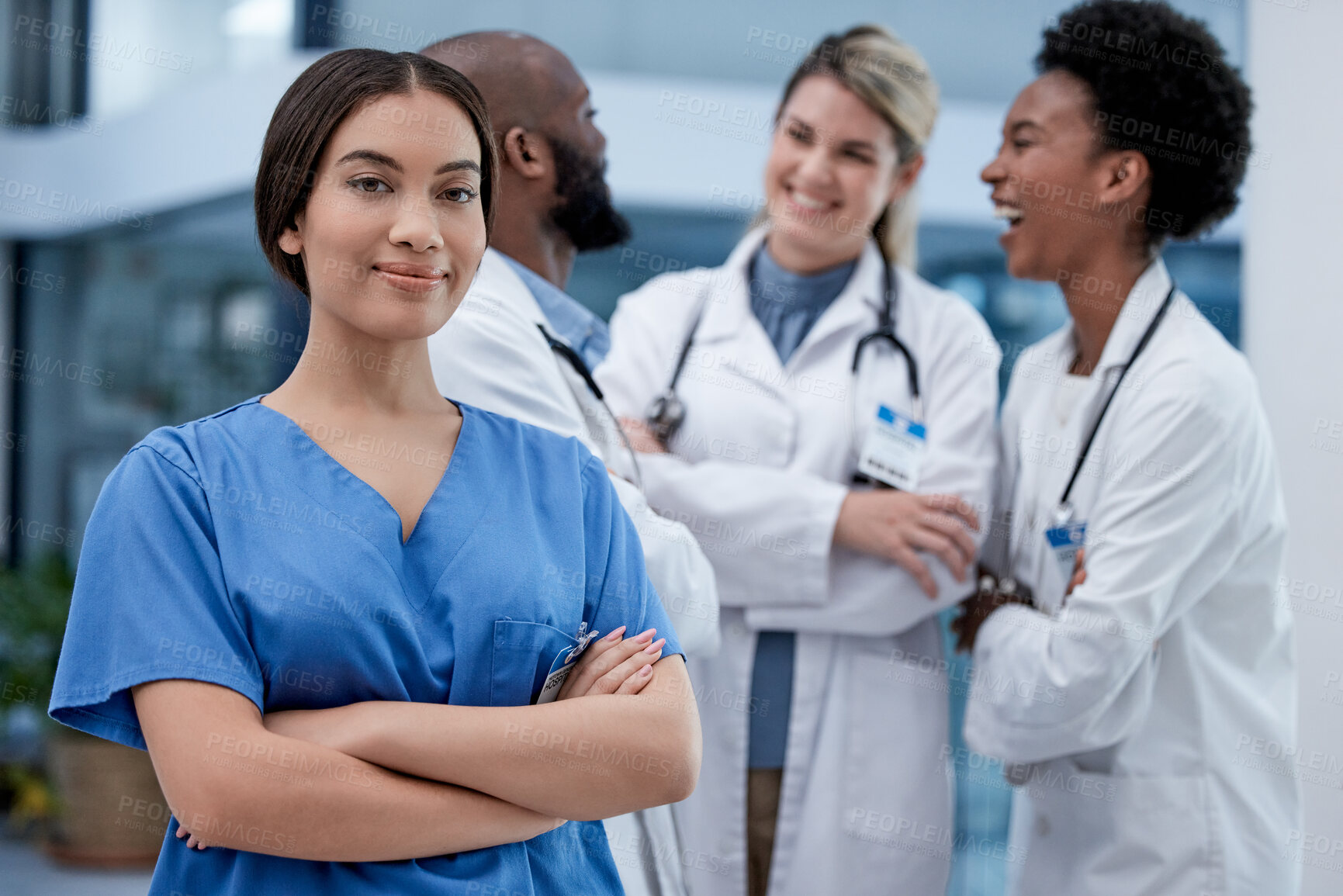 Buy stock photo Woman, portrait and nurse in a hospital with clinic management vision and goals. Medical, healthcare and professional surgeon team with happiness feeling proud from wellness support and health work