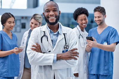 Buy stock photo Black man, doctor and portrait with arms crossed in hospital, clinic and surgery of leadership. Happy medical worker smile for consulting service, expert therapist and trust in healthcare management 