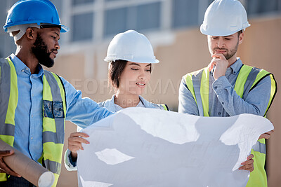 Buy stock photo Blueprint, teamwork and engineering with people on construction site for planning, building and architecture. Meeting, floor plan and project management with group of engineer for idea and graphic