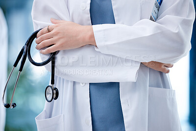 Buy stock photo Doctor, hands and arms crossed with stethoscope in healthcare for leadership, management or life insurance. Hands of confident medical professional or expert in cardiology ready for health checkup