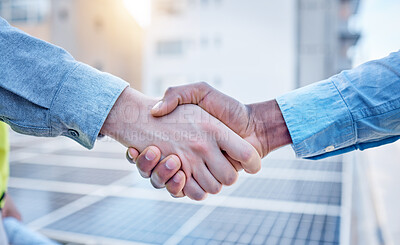 Buy stock photo Handshake, engineering and teamwork with people and solar panels for partnership, renewable energy or deal. Agreement, sustainability and thank you with engineer shaking hands for eco, b2b or welcome