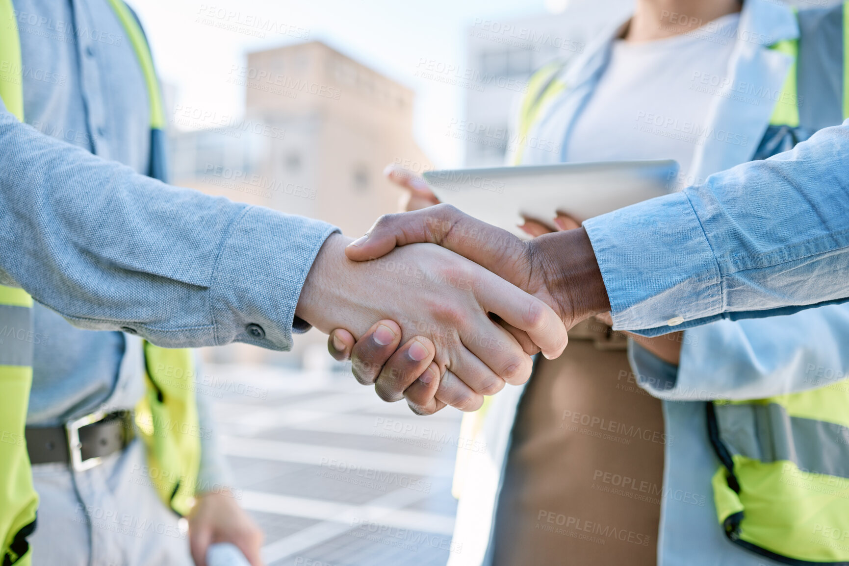 Buy stock photo Handshake, engineering and meeting with people and solar panels for partnership, renewable energy or deal. Agreement, sustainability and thank you with engineer shaking hands for eco, b2b or welcome