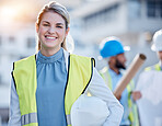 Construction worker, happy woman portrait or engineering contractor for career mindset, industry and building development. Young face of industrial person, builder or project manager in architecture