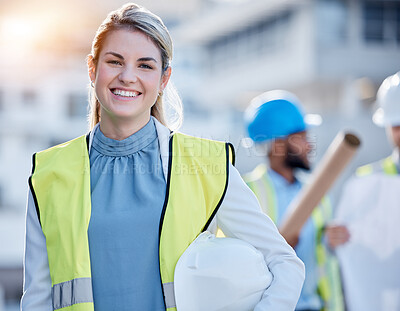 Buy stock photo Construction worker, happy woman portrait or engineering contractor for career mindset, industry and building development. Young face of industrial person, builder or project manager in architecture