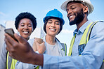 Black man, architect and phone with team in construction for project planning, teamwork or leadership on site. Happy group of engineers smiling for industrial architecture or contract with smartphone