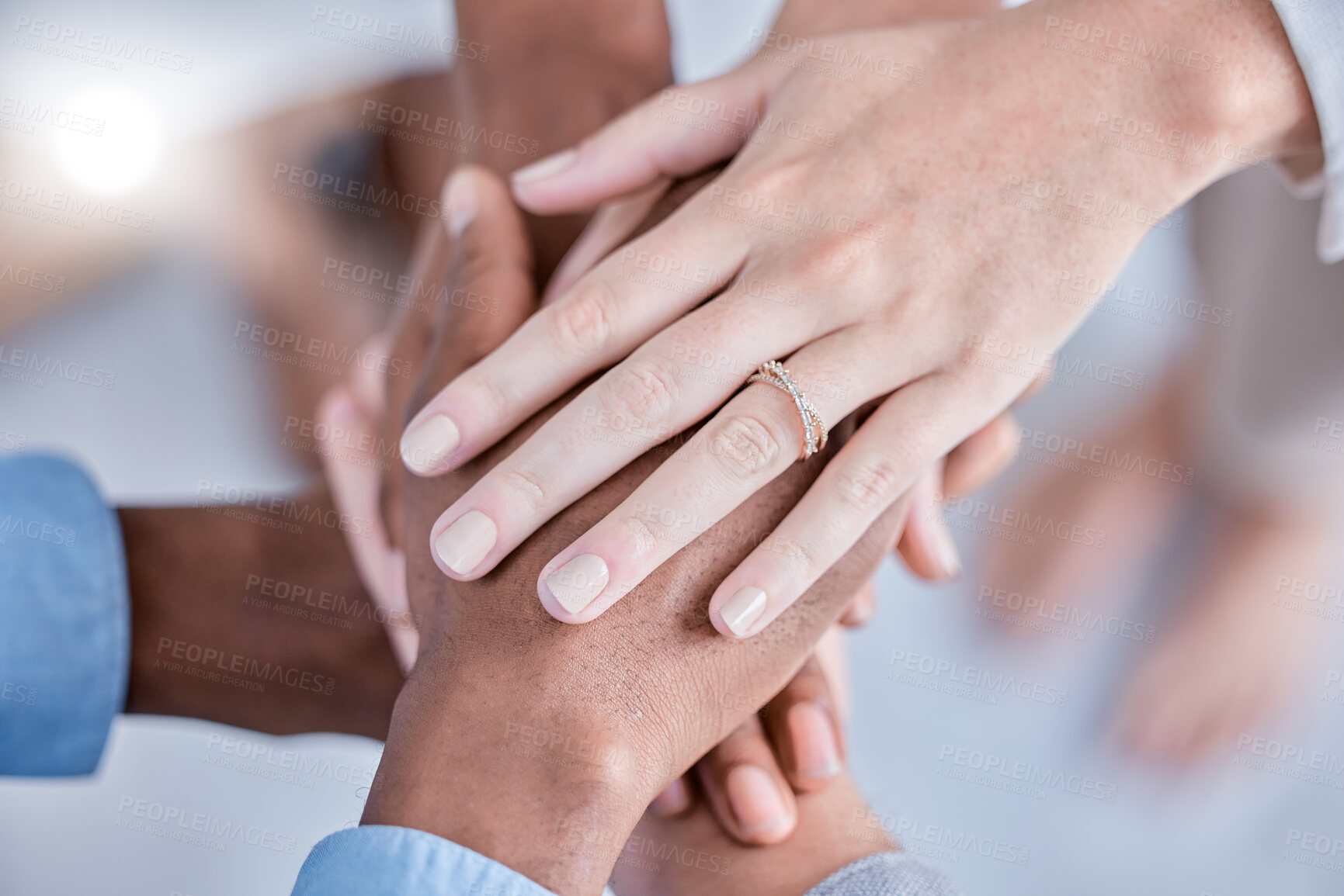 Buy stock photo Business people, diversity and hands together above in trust, partnership or collaboration at the office. Group of diverse employee workers piling hand in teamwork, support or agreement in solidarity