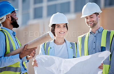 Buy stock photo Blueprint, planning and engineering with people on construction site for teamwork, building and architecture. Meeting, floor plan and project management with group of engineer for idea and graphic