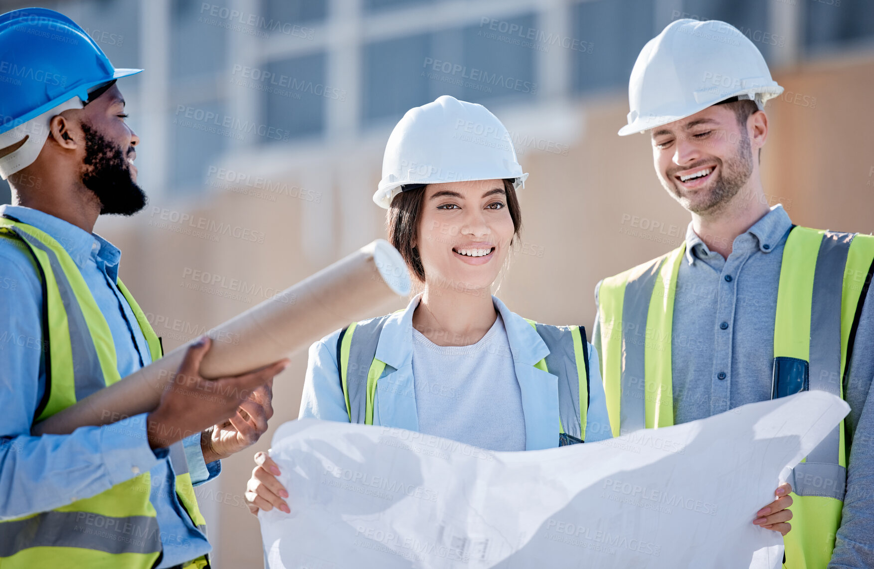 Buy stock photo Blueprint, planning and engineering with people on construction site for teamwork, building and architecture. Meeting, floor plan and project management with group of engineer for idea and graphic