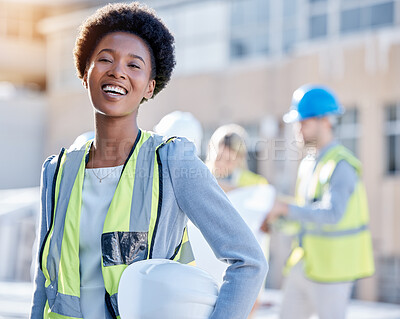 Buy stock photo Construction worker, black woman portrait or engineering contractor for career mindset, industry and building development. Happy face of industrial african, builder or young person in architecture