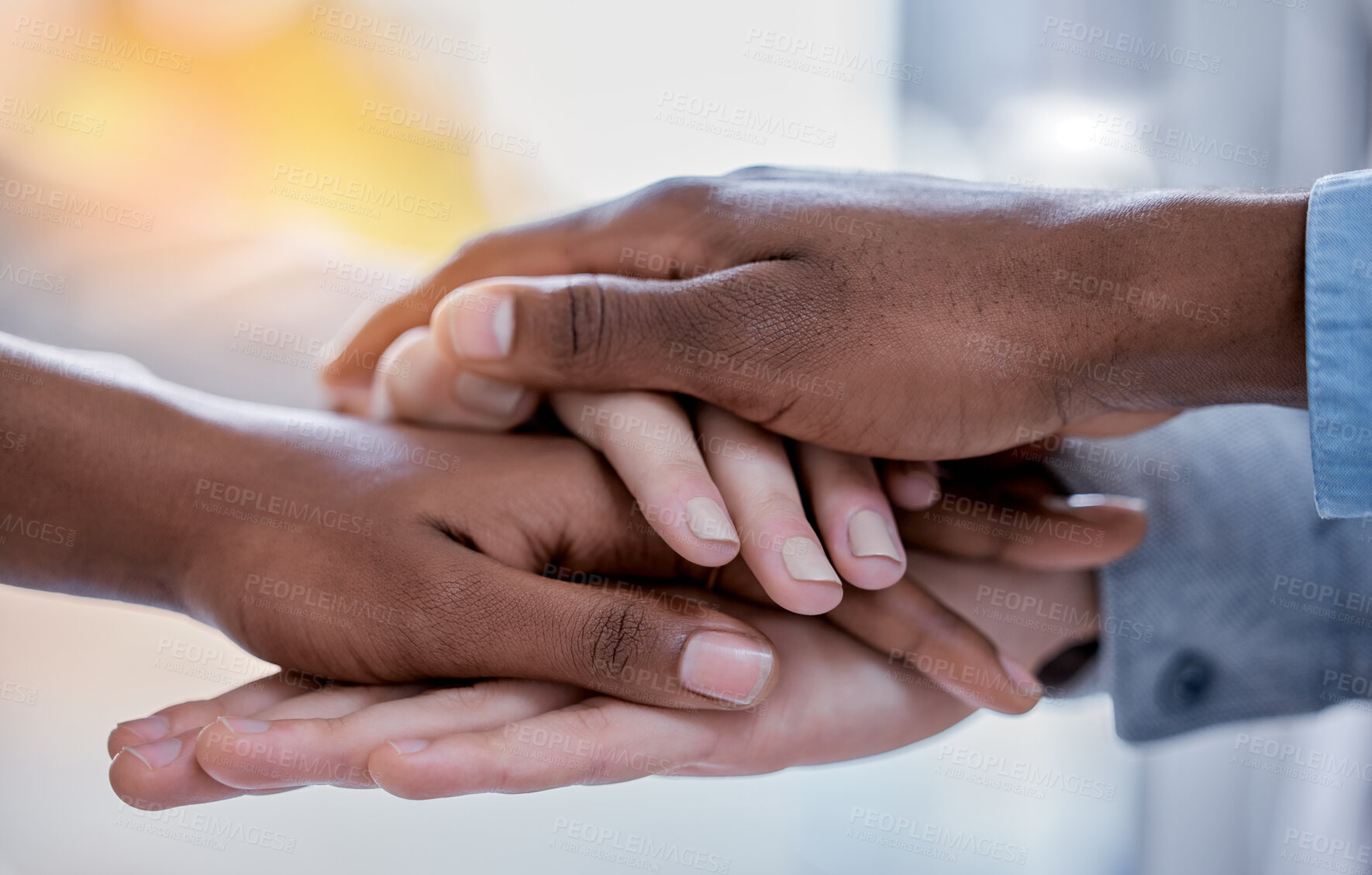 Buy stock photo Business people, diversity and hands together in trust, partnership or collaboration at office. Group of diverse employee workers piling hand in teamwork support, agreement or solidarity at workplace