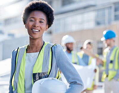 Buy stock photo Construction worker portrait of black woman in architecture for career mindset, leadership and development. Happy safety of engineering person, contractor or project manager for planning or building