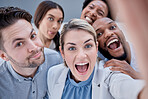 Business, people and funny portrait selfie of teamwork, faces and motivation of corporate workers. Diversity group of happy employees take photograph in global company, collaboration and joy together