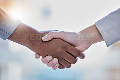 Buy stock photo Business people, diversity and handshake in partnership, b2b or agreement for deal, unity or trust at the office. Employees shaking hands in teamwork meeting for collaboration, welcome or thank you