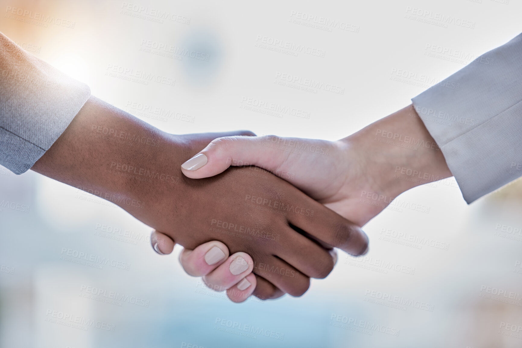 Buy stock photo Business people, diversity and handshake in partnership, b2b or agreement for deal, unity or trust at the office. Employees shaking hands in teamwork meeting for collaboration, welcome or thank you