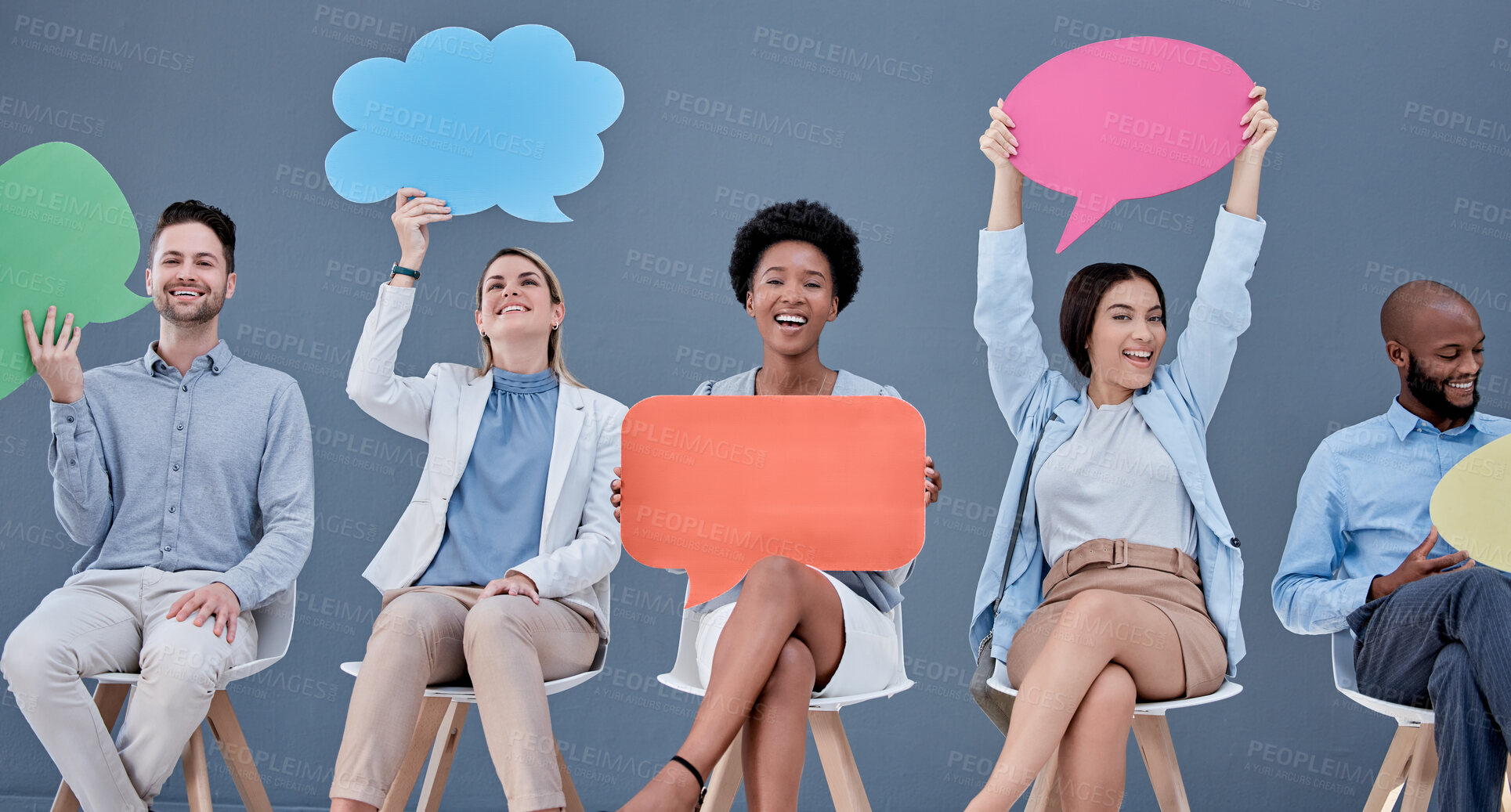 Buy stock photo Social media, speech bubble portrait and mobile cut out signs for advertising in a office, Business people, voice opinion and happiness of a mock up poster for brand promotion campaign with staff